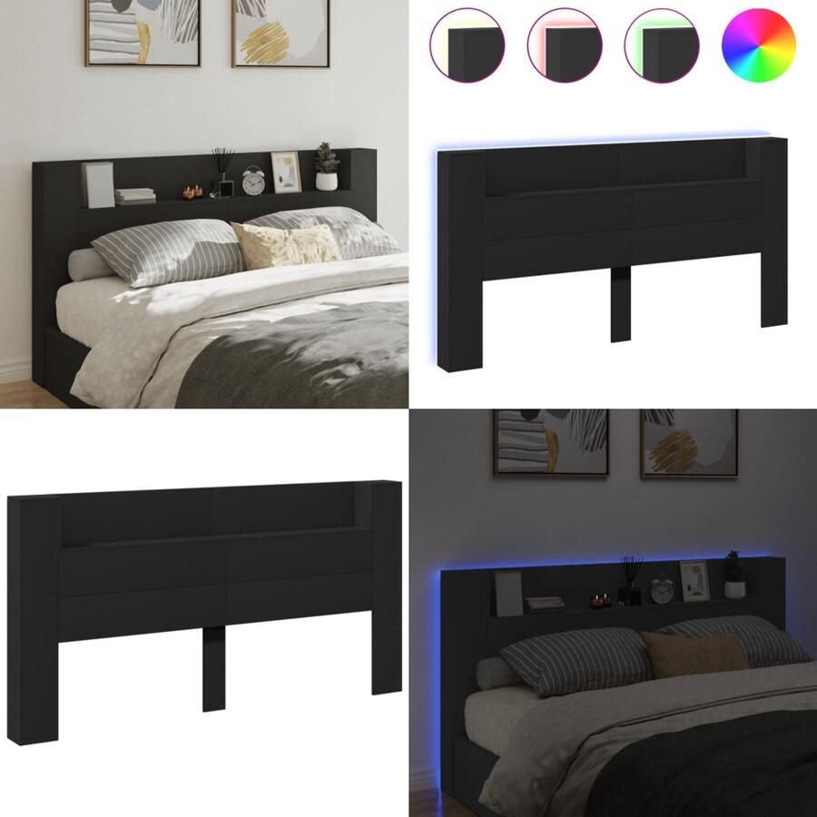 VidaXL Hoofdbordkast met LED-verlichting 200x16 5x103 5 cm zwart Hoofdbordkast Hoofdbordkasten Hoofdbord Kast Hoofdbord Kast Bed