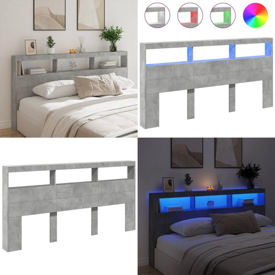 VidaXL Hoofdbordkast met LED-verlichting 200x17x102 cm betongrijs Hoofdbordkast Hoofdbordkasten Hoofdbord Kast Hoofdbord Kast Bed