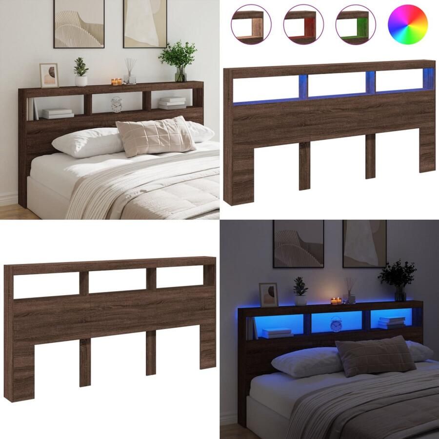 VidaXL Hoofdbordkast met LED-verlichting 200x17x102 cm bruin eiken Hoofdbordkast Hoofdbordkasten Hoofdbord Kast Hoofdbord Kast Bed
