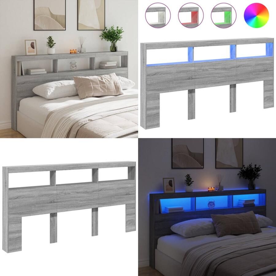 VidaXL Hoofdbordkast met LED-verlichting 200x17x102 cm grijs sonoma Hoofdbordkast Hoofdbordkasten Hoofdbord Kast Hoofdbord Kast Bed