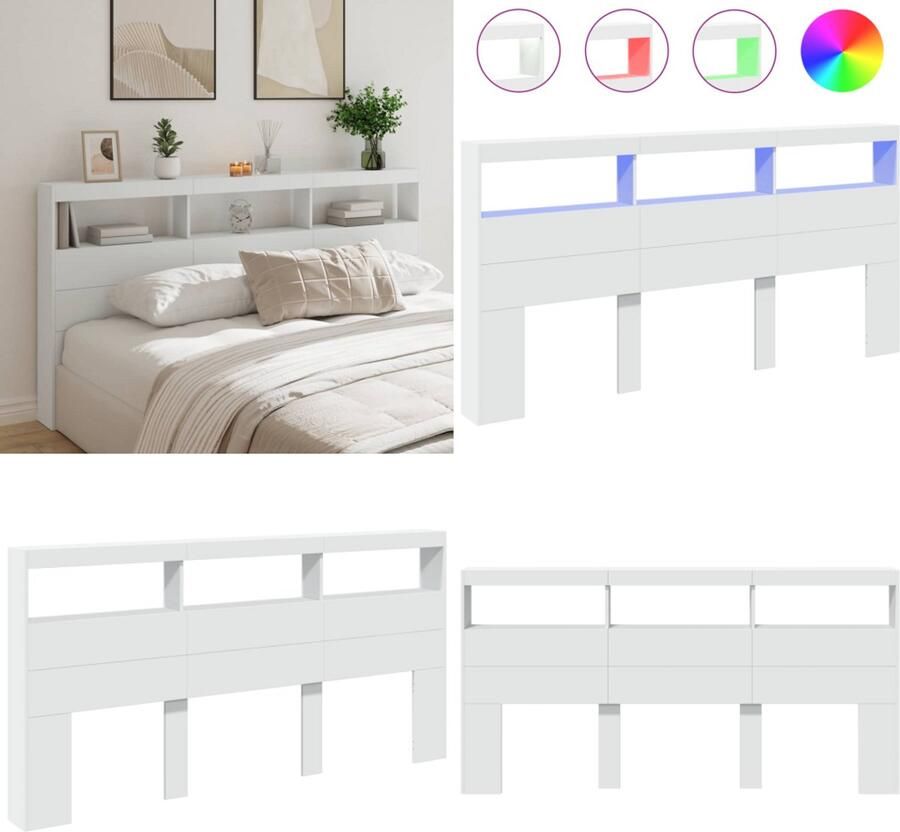 VidaXL Hoofdbordkast met LED-verlichting 200x17x102 cm wit Hoofdbordkast Hoofdbordkasten Hoofdbord Kast Hoofdbord Kast Bed