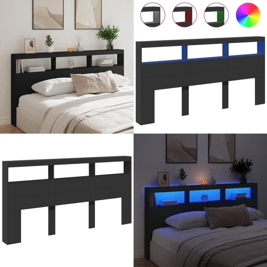 VidaXL Hoofdbordkast met LED-verlichting 200x17x102 cm zwart Hoofdbordkast Hoofdbordkasten Hoofdbord Kast Hoofdbord Kast Bed
