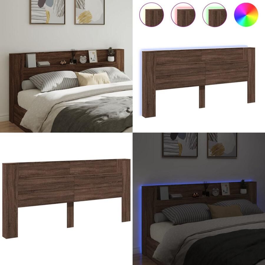 VidaXL Hoofdbordkast met LED-verlichting 220x16 5x103 5 cm bruin eiken Hoofdbordkast Hoofdbordkasten Hoofdbord Kast Hoofdbord Kast Bed
