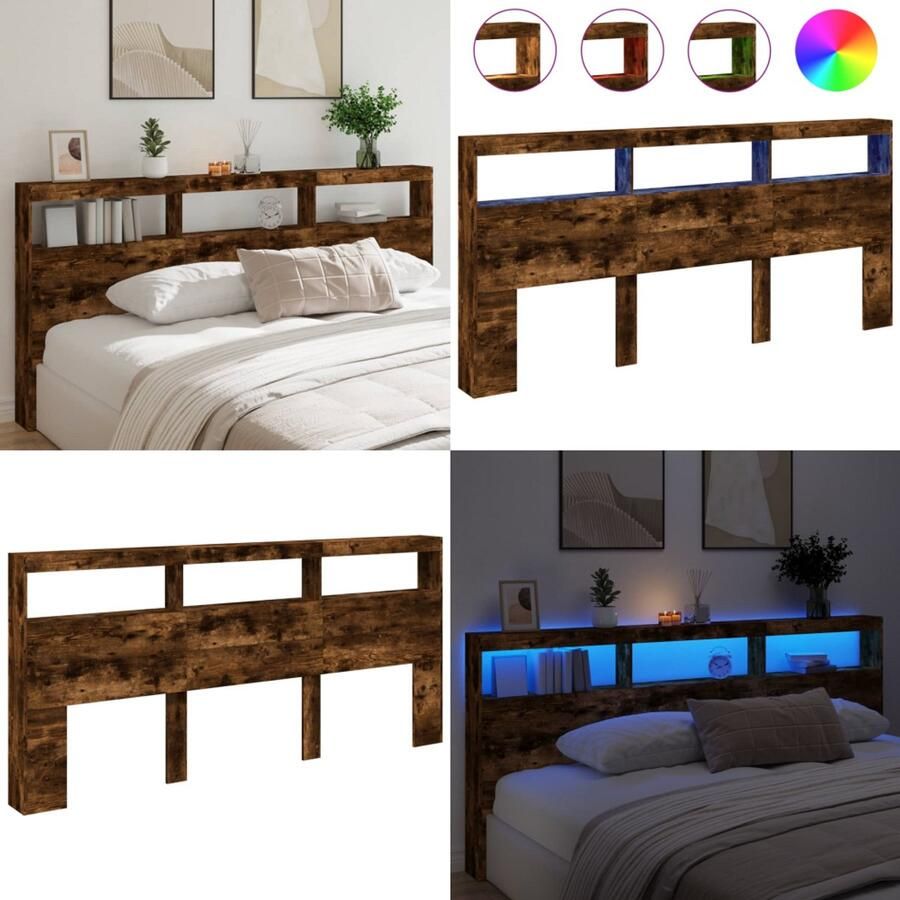 VidaXL Hoofdbordkast met LED-verlichting 220x17x102 cm gerookt eiken Hoofdbordkast Hoofdbordkasten Hoofdbord Kast Hoofdbord Kast Bed