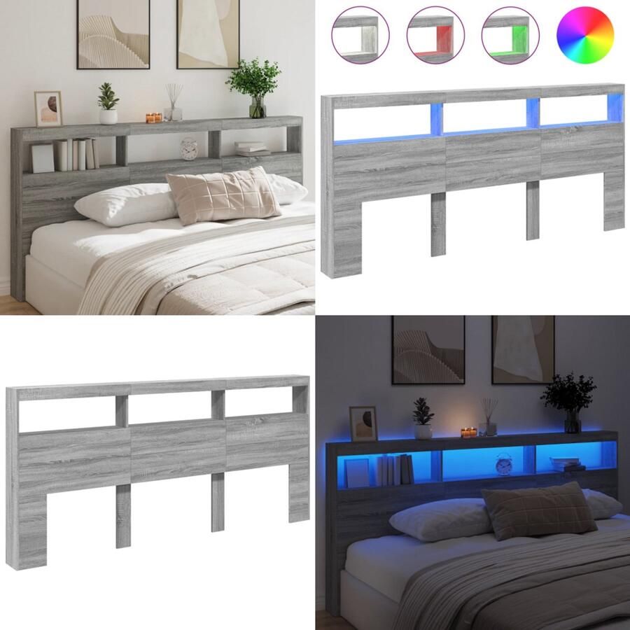 VidaXL Hoofdbordkast met LED-verlichting 220x17x102 cm grijs sonoma Hoofdbordkast Hoofdbordkasten Hoofdbord Kast Hoofdbord Kast Bed
