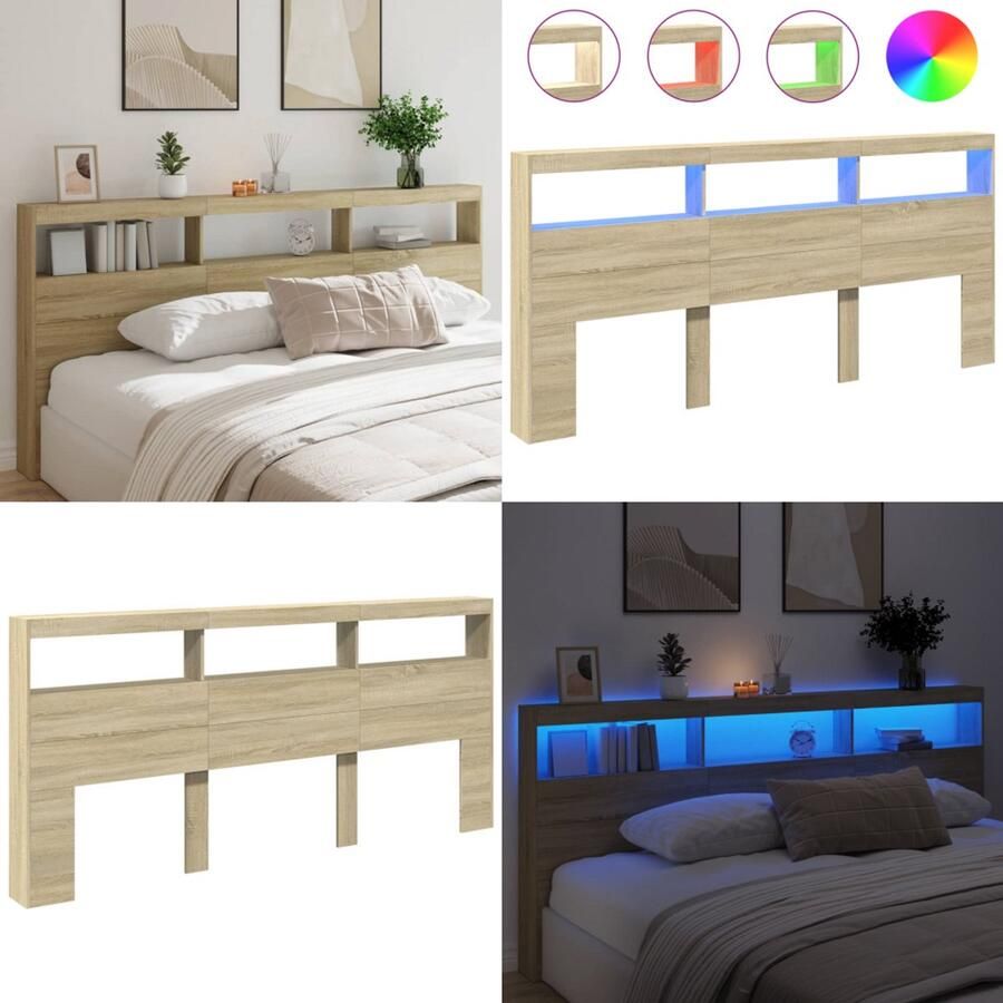 VidaXL Hoofdbordkast met LED-verlichting 220x17x102 cm sonoma eiken Hoofdbordkast Hoofdbordkasten Hoofdbord Kast Hoofdbord Kast Bed