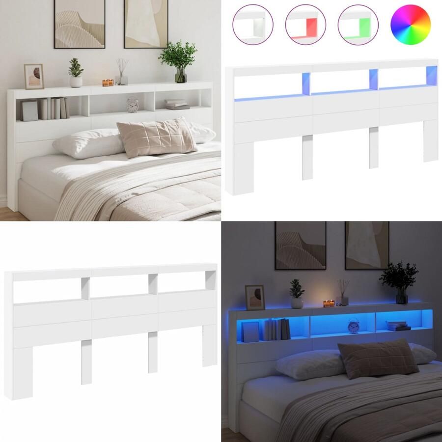 VidaXL Hoofdbordkast met LED-verlichting 220x17x102 cm wit Hoofdbordkast Hoofdbordkasten Hoofdbord Kast Hoofdbord Kast Bed