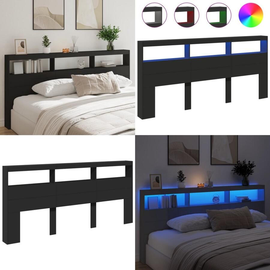 VidaXL Hoofdbordkast met LED-verlichting 220x17x102 cm zwart Hoofdbordkast Hoofdbordkasten Hoofdbord Kast Hoofdbord Kast Bed