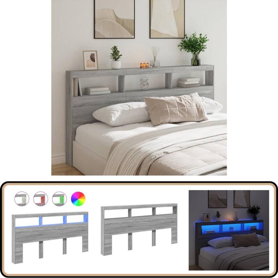 VidaXL Hoofdbordkast met LED-verlichting Grijs 200cm Hoofdbord Kast Led Hoofdbord Bedkant Slaapkamers Houten Hoofdbord Grijze Hoofdbord Moderner Headboard