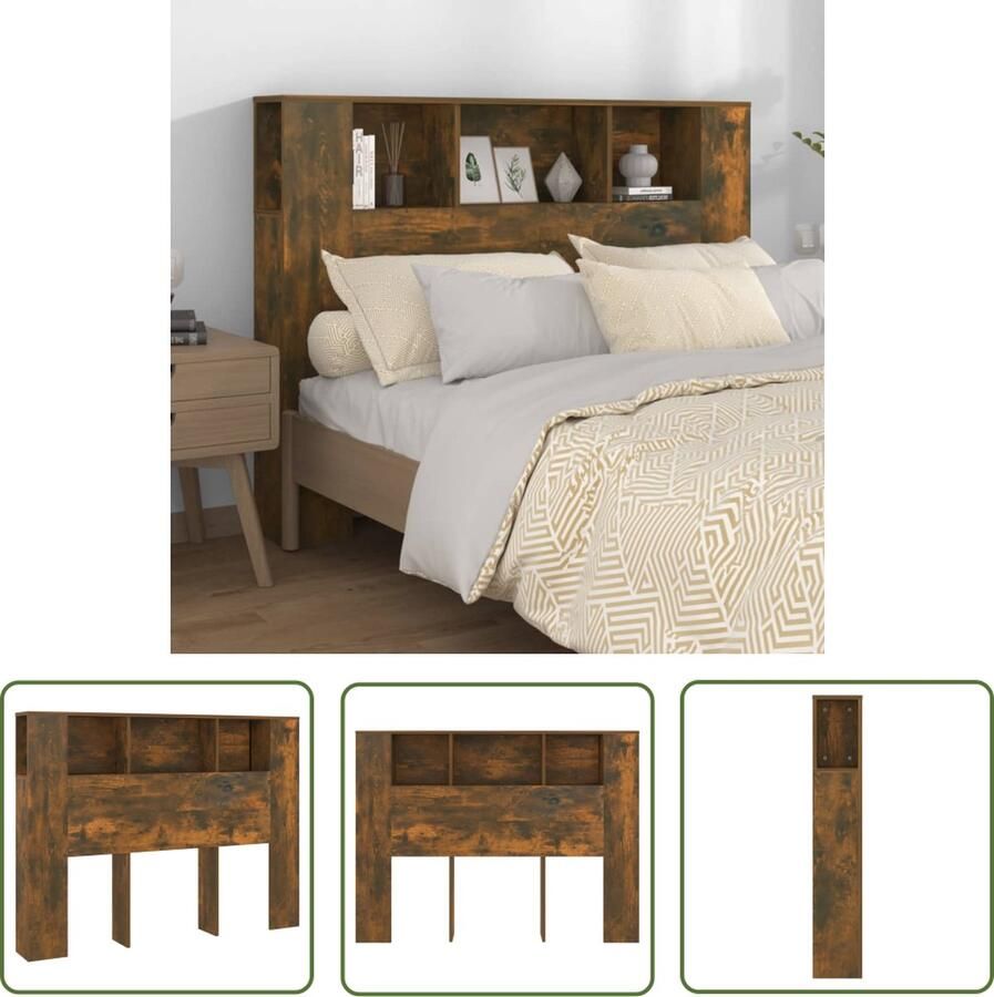 The Living Store Wandhoofdbordkast Gerookt Eiken 140x18.5x104.5 cm Opbergruimte Praktisch Modern Ontwerp Wandplank Hoofdbordkast Headboard Houten Hoofdbord Bergruimte