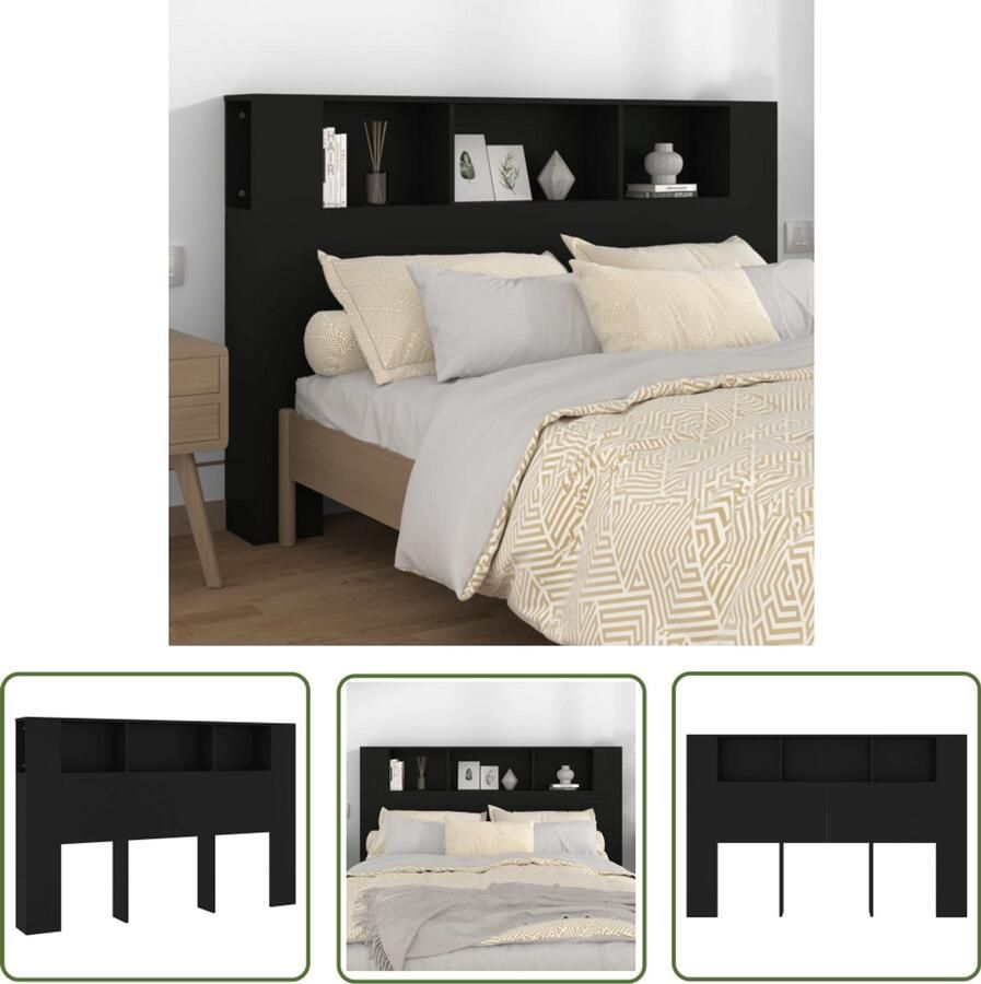 VidaXL Hoofdbordkast Zwart 160x18 5x104 5 cm Hoofd Bord Kast Hoofdkast Wand Headboard Slaapkamer Decoratie Houten Hoofdbord Zwarte Hoofdbordkast Boekenplank Achterwand Opslag Ruimte Design Hoofdbord