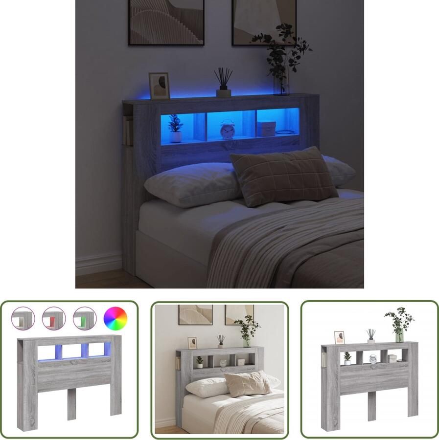 The Living Store Hoofdeinde met LED 140x18 5x103 5 cm bewerkt hout grijs sonoma LED Hoofdbord Hoofddekens Slaapkamersdecoratie Houten Hoofdbord Led Verlichting