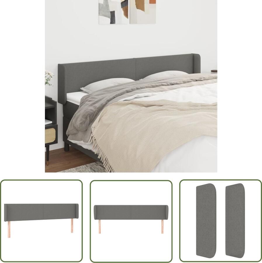 The Living Store Hoofdbord met randen 163x16x78 88 cm stof donkergrijs Hoofd Bord Hoofdeinde Beddecoratie Slaapkamers Donkere Kleuren