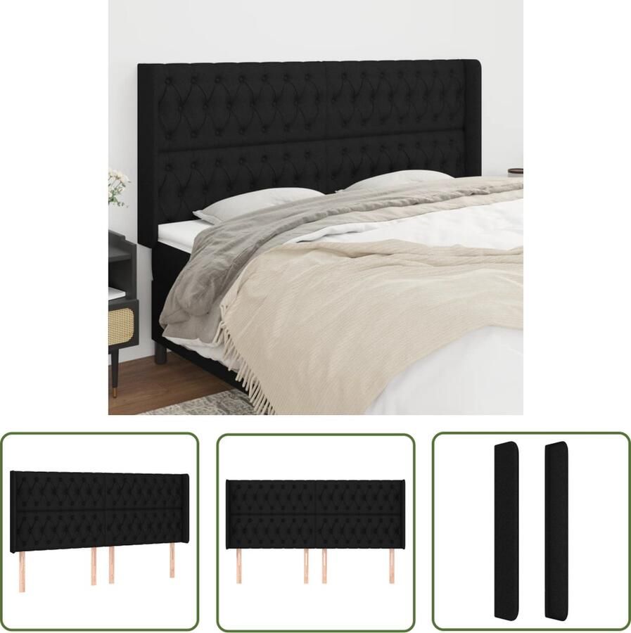 The Living Store Hoofdbord met randen 183x16x118 128 cm stof zwart Hoofd Bord Hoofdeinde Bed Ombouw Bedaccessoires Stoffen Hoofdbord