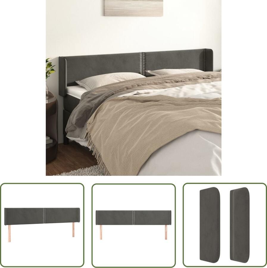 The Living Store Hoofdbord Hoofdeind donkergrijs stof 183x16x78 88 cm verstelbare hoogte Hoofd Bord Hoofdeinde Tweepersoonsbed Velvet Grijs