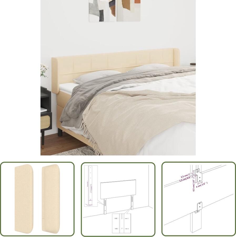 The Living Store Hoofdbord met randen 183x16x78 88 cm stof crèmekleurig Hoofd Bord Hoofdeinde Beddecoratie Creme Kleur Stoffen Hoofdbord