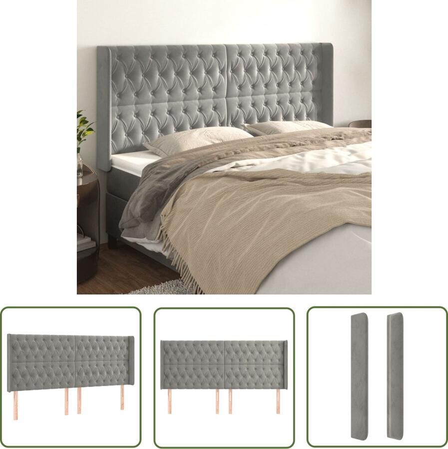 The Living Store Hoofdbord met randen 203x16x118 128 cm fluweel lichtgrijs Hoofd Bord Hoofdeinde Beddecoratie Fluweel Grijs
