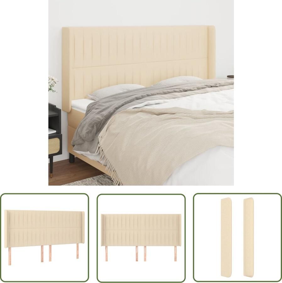 The Living Store Hoofdbord Hoofdeind en rand Crème Stof en hout 203 x 16 x 118 128 cm Verstelbaar Hoofd Bord Hoofdeinde Beddecoratie Stoffen Hoofdbord Creme Kleur