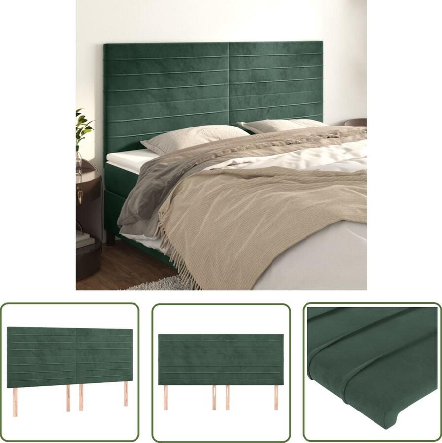 The Living Store Hoofdbord Hoofdeind 4x donkergroen 100x5x78 88cm fluweel bewerkt hout Hoofd Bord Hoofdeinde Velvet Groen Beddecoratie