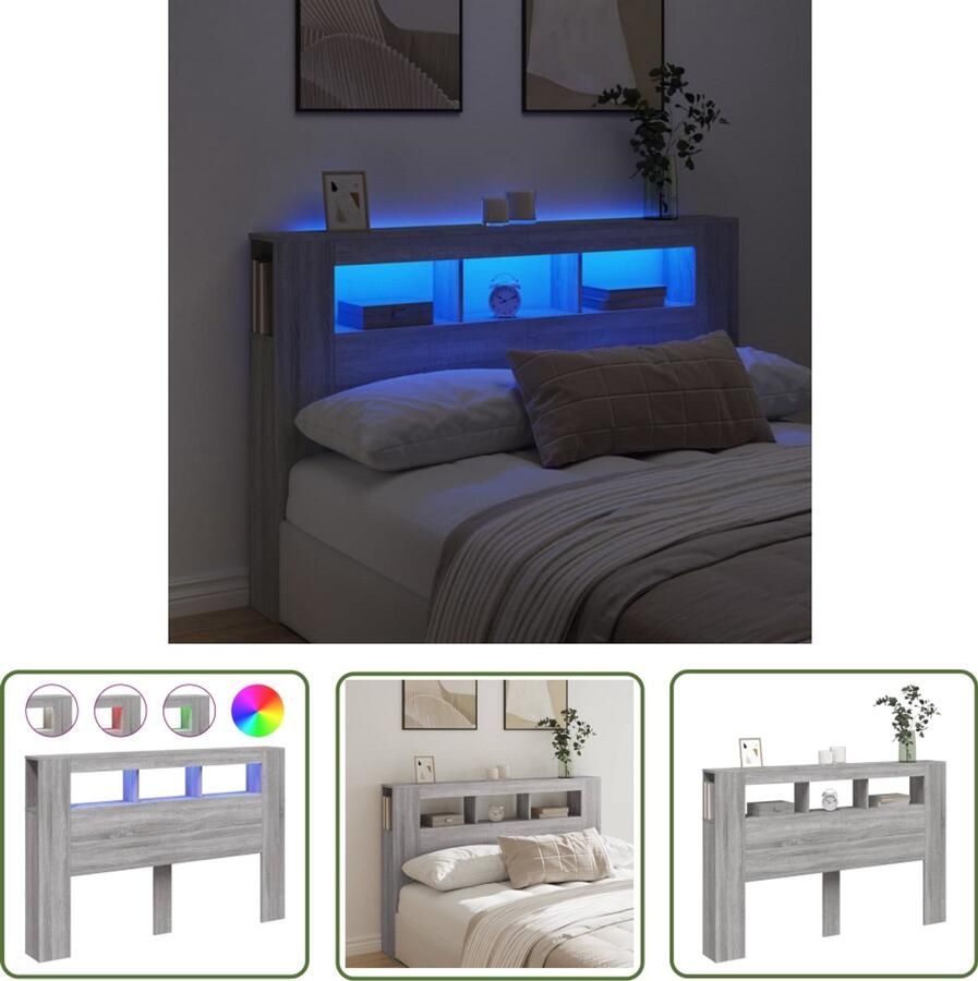 VidaXL Hoofdeinde Hoofddekbed Hoofdeinde met LED 160x18 5x103 5 cm bewerkt hout grijs sonoma Led Lamp Bedroom Furniture Slaapkamers