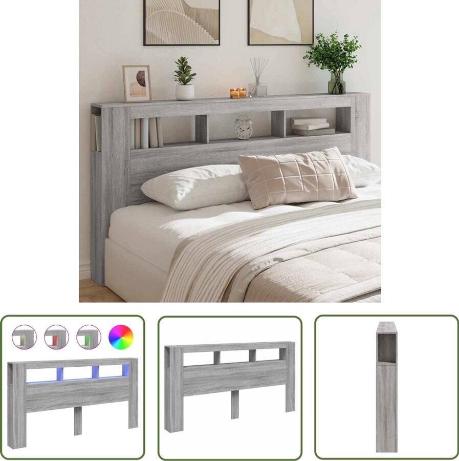 VidaXL Hoofdeinde Hoofddekbed Hoofdeinde met LED 200x18 5x103 5 cm bewerkt hout grijs sonoma Led Lamp Slaapkamersdecoratie Houten Hoofdeinde