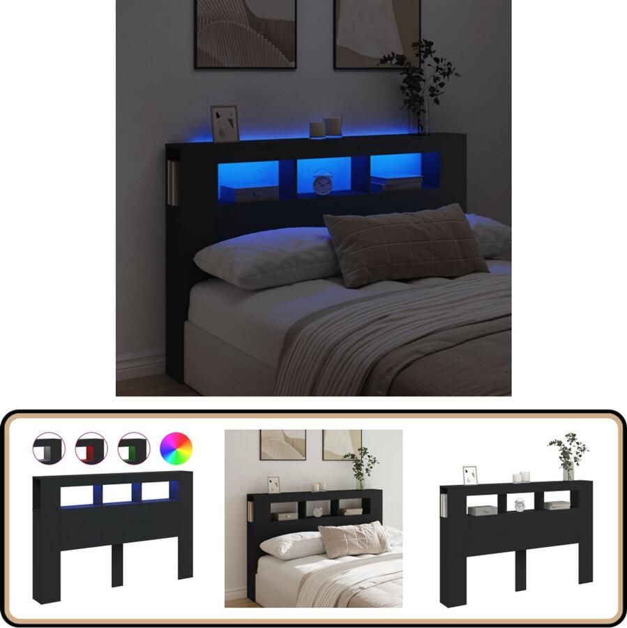 The Living Store Hoofdeinde met LED 160x18 5x103 5 cm bewerkt hout zwart LED Hoofdbord Hoofdkussen Led Verlichting Houten Hoofdbord Bedroom Furniture