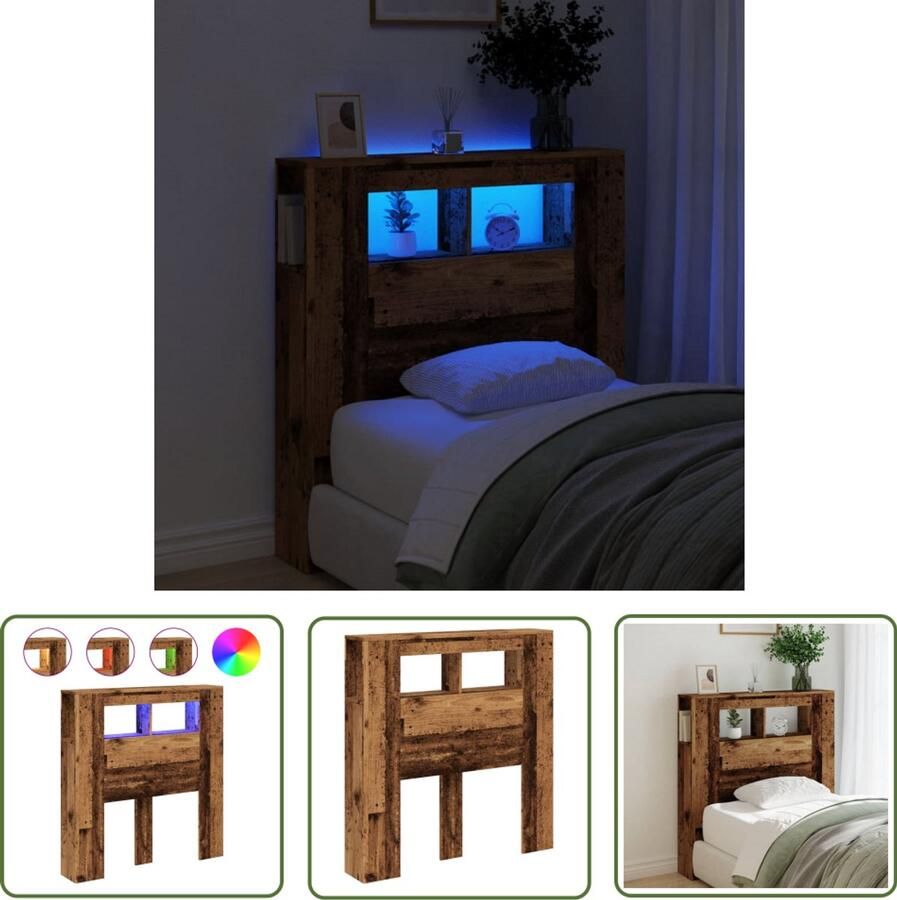 VidaXL Hoofdeinde met LED 100x18 5x103 5 cm bewerkt hout oud hout LED Hoofdbord Hoofdeinde Led Bedroom Furniture Slaapkamersdecoratie Houten Hoofdbord