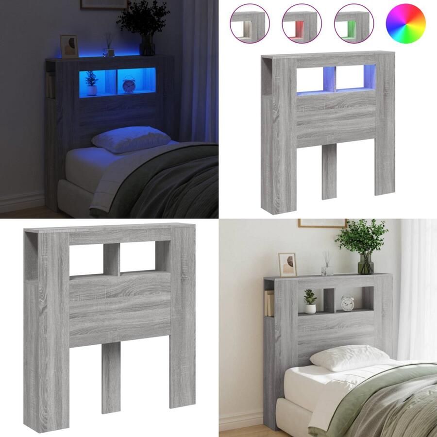 VidaXL Hoofdeinde met LED 100x18 5x103 5 cm bewerkt hout grijs sonoma Hoofdbord Met LED Hoofdborden Met LED Hoofdbord Bed