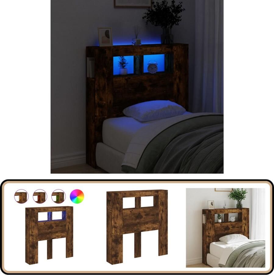 VidaXL Hoofdeinde met LED 100x18 5x103 5 cm Gerookt Eiken Hoofd Bord Led Hoofdbord Met Led Beddecoratie Houten Hoofdbord Headboard