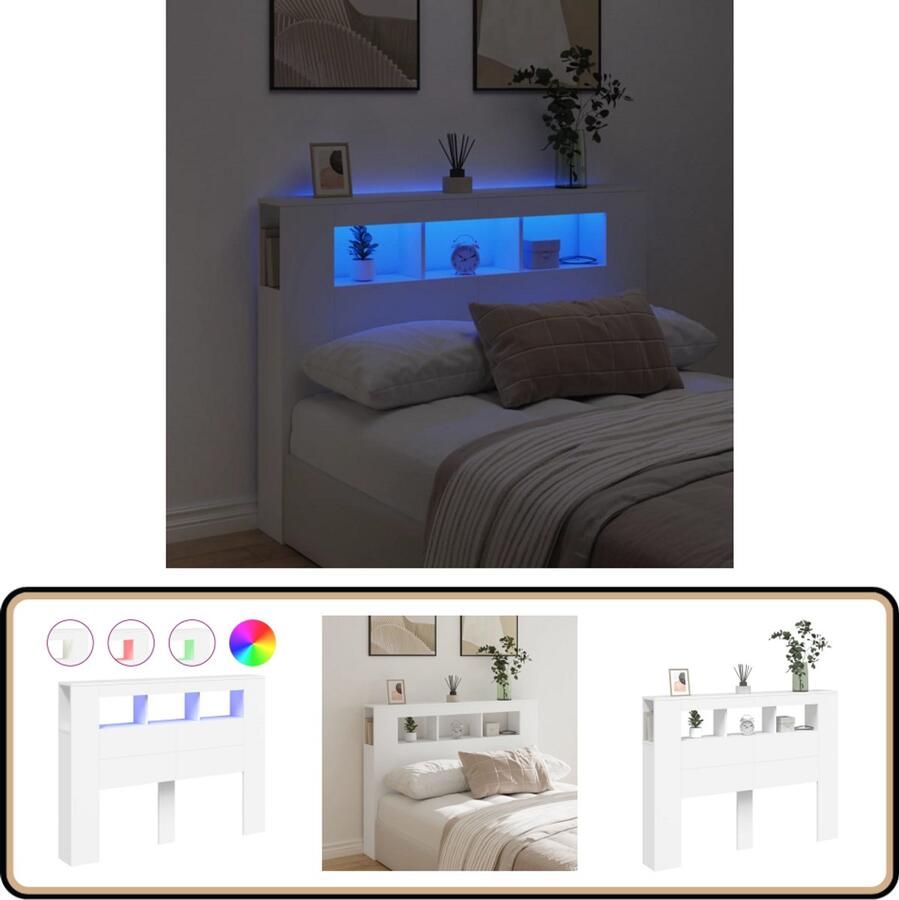 VidaXL Hoofdeinde met LED 140x18 5x103 5 cm Wit LED Hoofdbord Hoofdkussen Led Verlichting Bedroom Decoratie Houten Hoofdbord - Foto 2