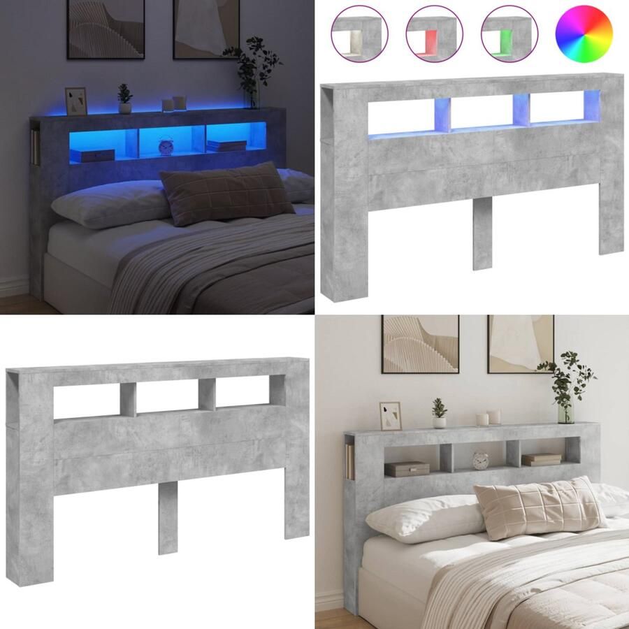 VidaXL Hoofdeinde met LED 180x18 5x103 5 cm bewerkt hout betongrijs Hoofdbord Met LED Hoofdborden Met LED Hoofdbord Bed