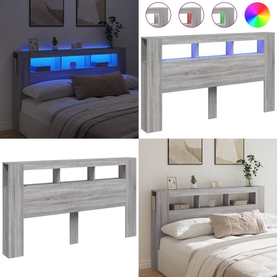 VidaXL Hoofdeinde met LED 180x18 5x103 5 cm bewerkt hout grijs sonoma Hoofdbord Met LED Hoofdborden Met LED Hoofdbord Bed