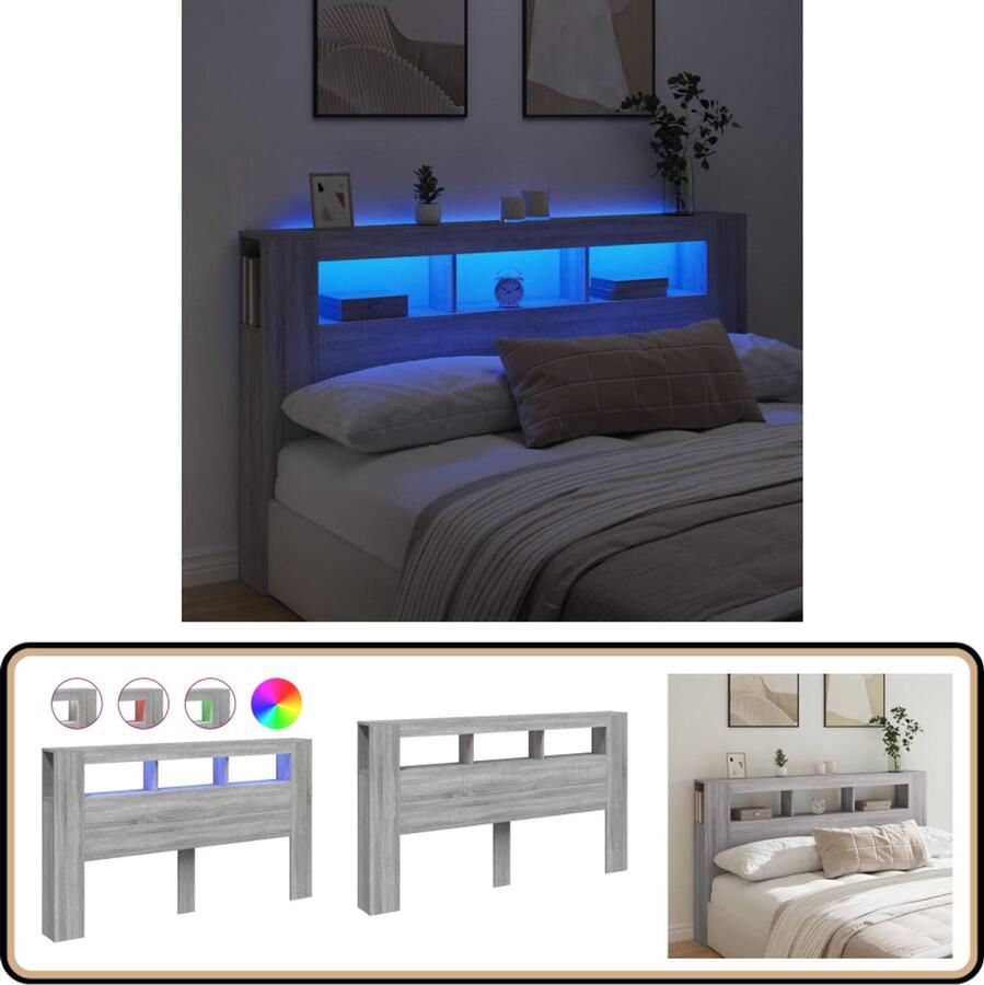The Living Store Hoofdeinde met LED 180x18 5x103 5 cm bewerkt hout grijs sonoma LED Hoofdbord Met Led Grijze Hoofdbord Houten Hoofdbord Bedroom Furniture