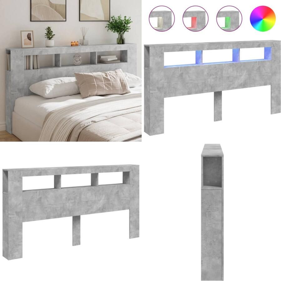 VidaXL Hoofdeinde met LED 200x18 5x103 5 cm bewerkt hout betongrijs Hoofdbord Met LED Hoofdborden Met LED Hoofdbord Bed