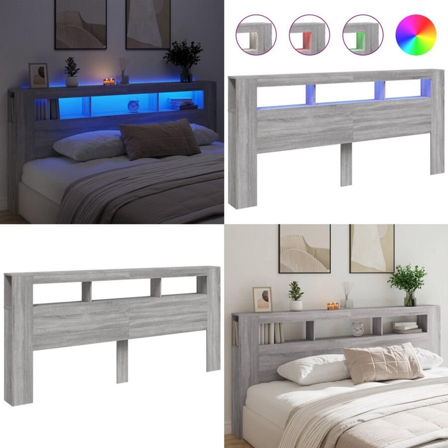 VidaXL Hoofdeinde met LED 220x18 5x103 5 cm bewerkt hout grijs sonoma Hoofdbord Met LED Hoofdborden Met LED Hoofdbord Bed