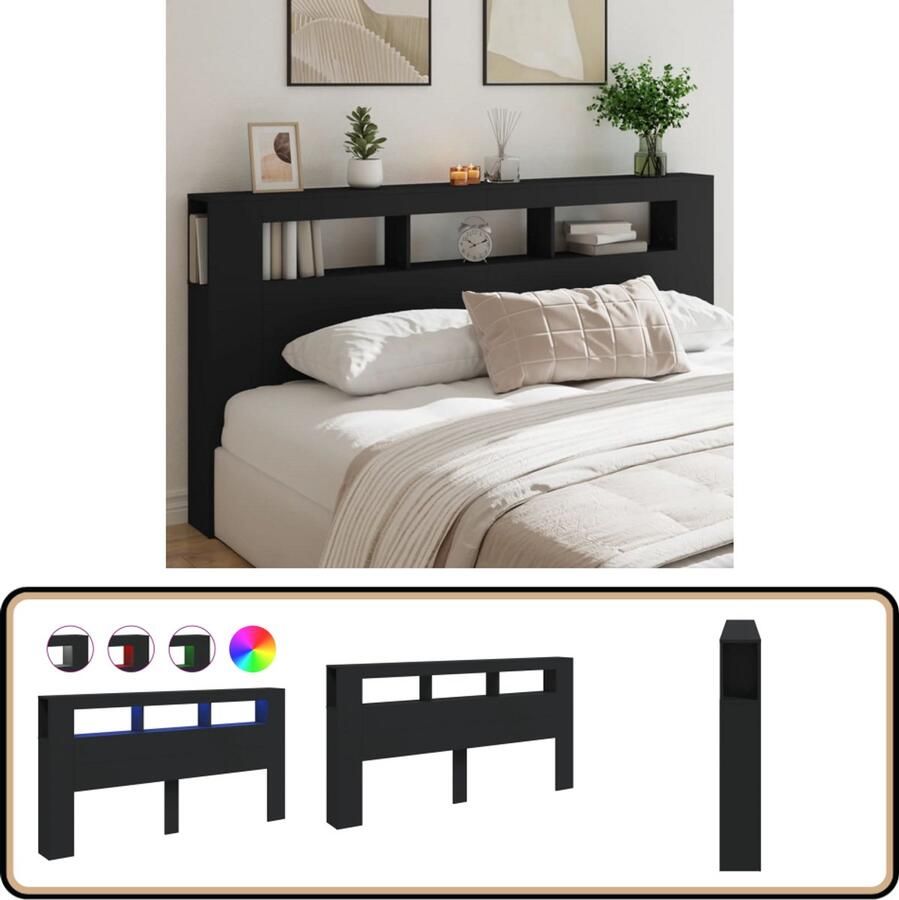 VidaXL Hoofdeinde met LED Zwart Bewerkt Hout Hoofd Bord Led Hoofdbord Met Led Beddecoratie Slaapkamervloerisolator