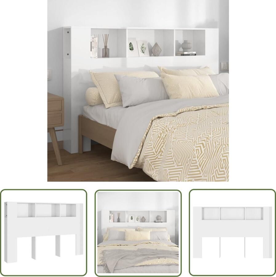 The Living Store Hoofdbordkast Wandmontage Hoogglans wit 160 x 18.5 x 104.5 cm Bewerkt hout Hoofd Bord Hoofdkast Slaapkamerdecoratie Houten Hoofdbord Wandmonteren