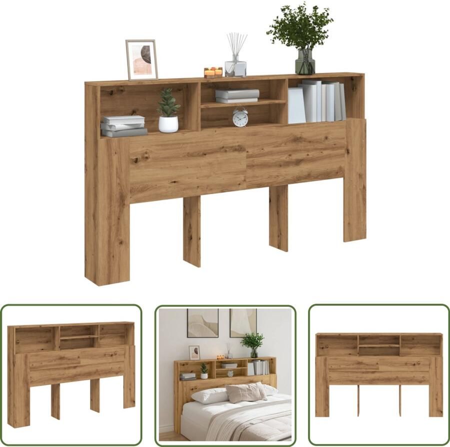 The Living Store Hoofdbordkast 180x19x103 5cm bewerkt hout artisanaal eikenkleur Hoofd Bord Hoofdkast Slaap Kamer Decoratie Houten Hoofdbord Bergruimte