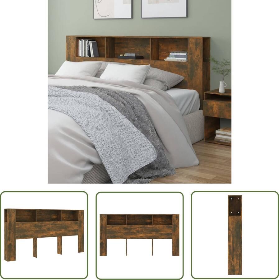 The Living Store Hoofdbordkast Gerookt Eiken 200x18.5x104.5cm Bewerkt hout Hoofd Bord Hoofdkast Hoofdbed Houten Hoofdbord Slaapkamermeubel