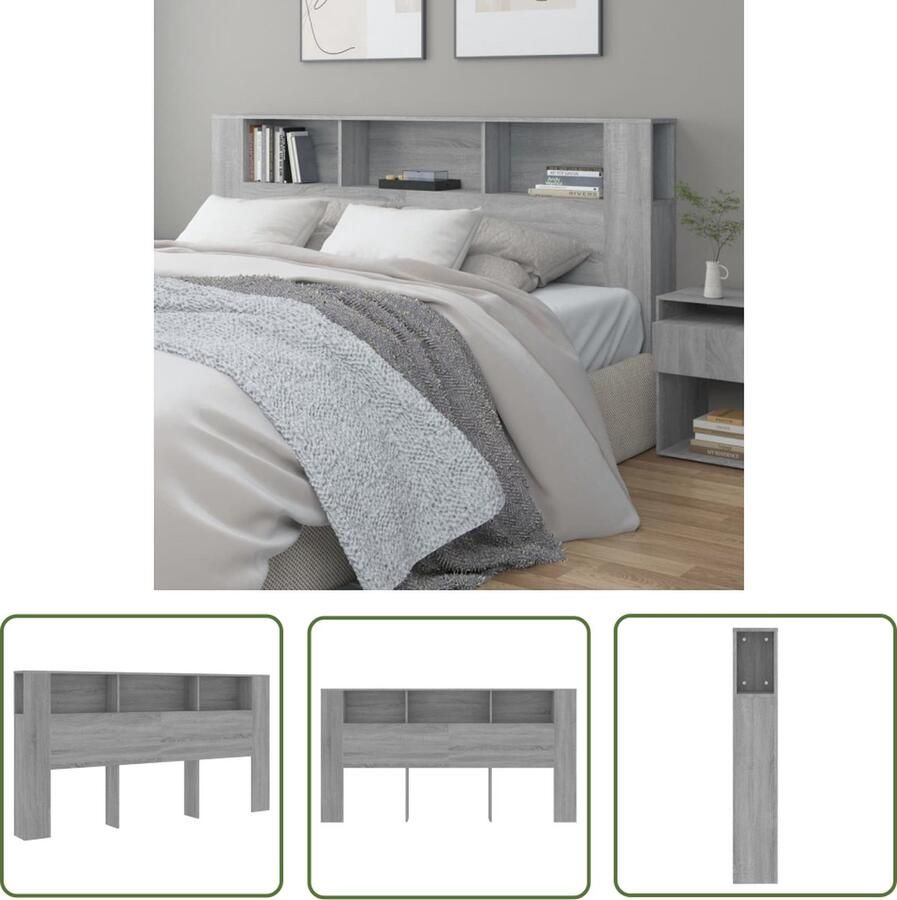 The Living Store Hoofdbordkast grijs sonoma eiken 200 x 18.5 x 104.5 cm bewerkt hout Hoofd Bord Kast Hoofdkast Slaap Kamer Houten Hoofdbord Grijze Hoofdbord