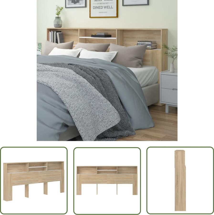 The Living Store Hoofdbordkast Wit en Sonoma Eiken 220 x 19 x 103.5 cm Bewerkt Hout Hoofd Bordkast Hoofdkast Bedkap Slaap Kamer Houten Hoofdbord