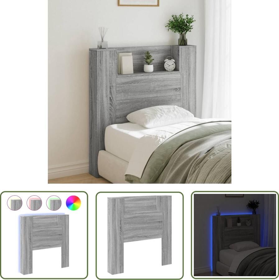 The Living Store LED-hoofdbordkast 100 x 16.5 x 103.5 cm Grijs Sonoma Eiken RGB LED-verlichting LED Hoofdbord Hoofdkast Led Bedroom Furniture Slaapkamersdecoratie Houten Hoofdbord
