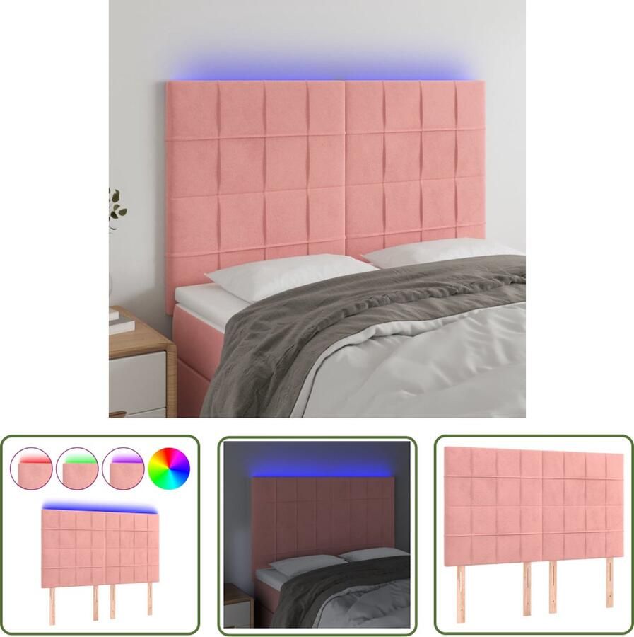 The Living Store Hoofdeinde Roze 144x5x118 128 cm Zacht fluweel Hoofd Bord Hoofdkussen Led Lamp Roze Meubilair Velvet Meubel