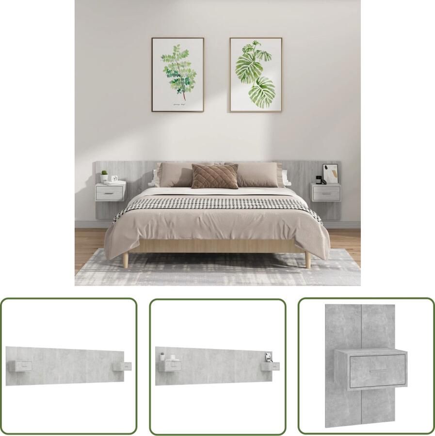 VidaXL Hoofdkussen Hoofd Bord Hoofdbord met kastjes bewerkt hout betongrijs Nachtlampje Wandmontage Slaapkamersdecoratie - Foto 2