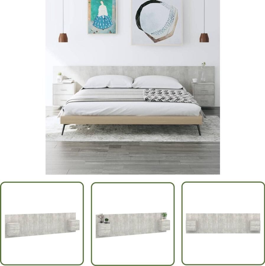 VidaXL Hoofdkussen Hoofd Bord Hoofdbord met kastjes bewerkt hout betongrijs Nachtlampje Wandmontage Slaapkamersdecoratie - Foto 3