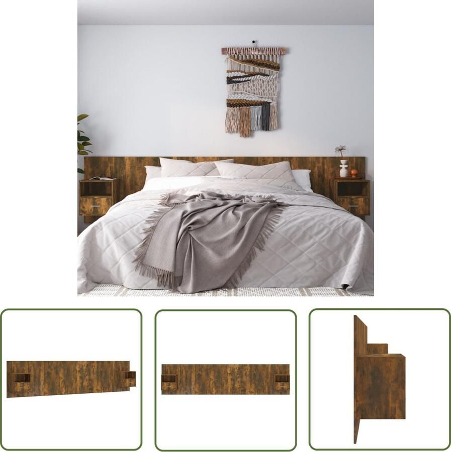 The Living Store Hoofdbord met kastjes Gerookt eiken 240 x 1.5 x 80 cm Wandmontage Opbergruimte Montage vereist 2 x nachtkastje