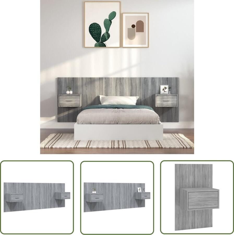 VidaXL Hoofdkussen Hoofd Bord Hoofdbord met kastjes bewerkt hout grijs sonoma eikenkleurig Nachtlampje Slaapkamer Decoratie Houten Meubels