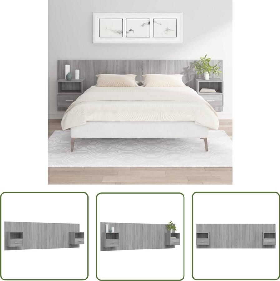 VidaXL Hoofdkussen Hoofd Bord Hoofdbord met kastjes bewerkt hout grijs sonoma eikenkleurig Slaap Kamer Bedroom Decor Houten Meubels