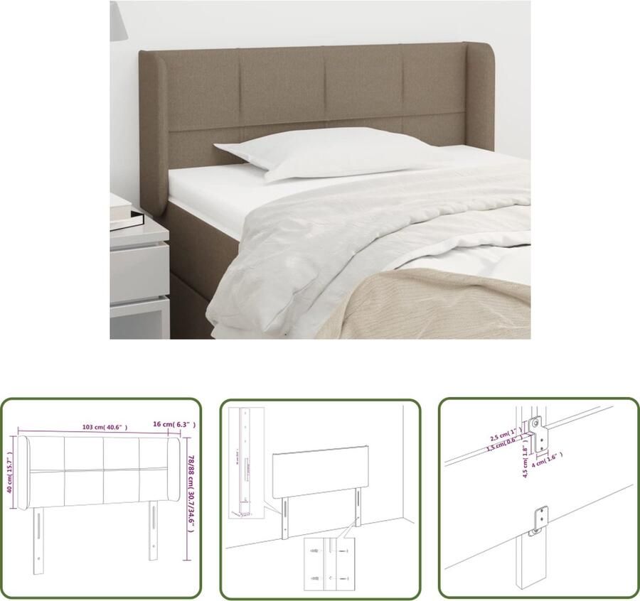 The Living Store Hoofdeind Taupe Bedombouw 103 x 16 x 78 88 cm Houten poten Verstelbare hoogte Hoofd Bord Hoofdkussen Beddecoratie Stoffen Hoofdbord Taupecleur - Foto 2