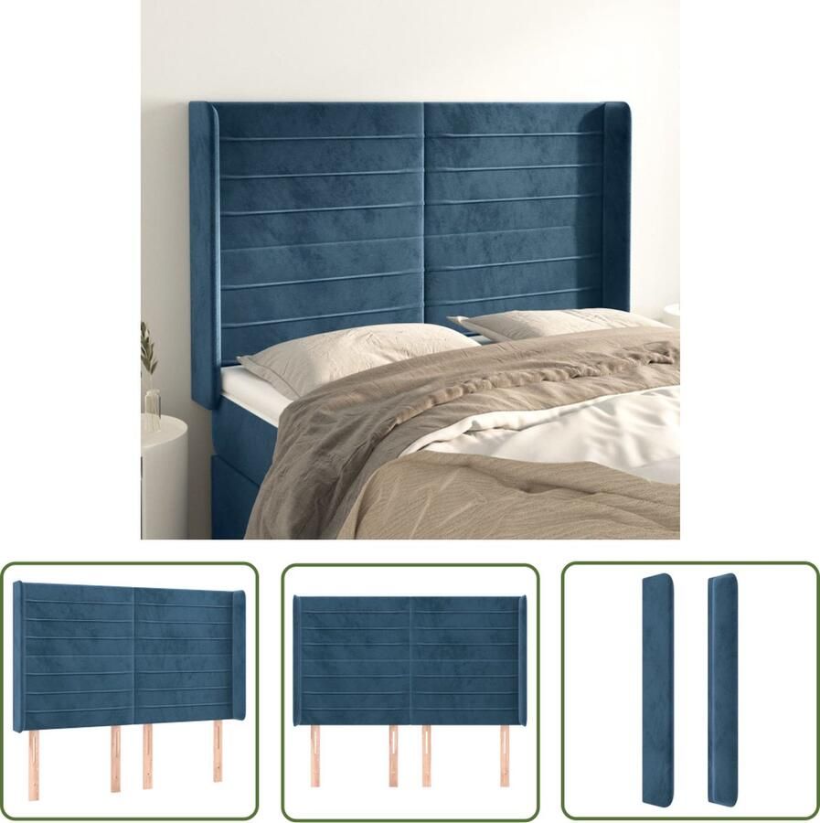 The Living Store Hoofdbord met randen 147x16x118 128 cm fluweel donkerblauw Hoofd Bord Hoofdkussen Velvet Blauw Tweepersoonsbed